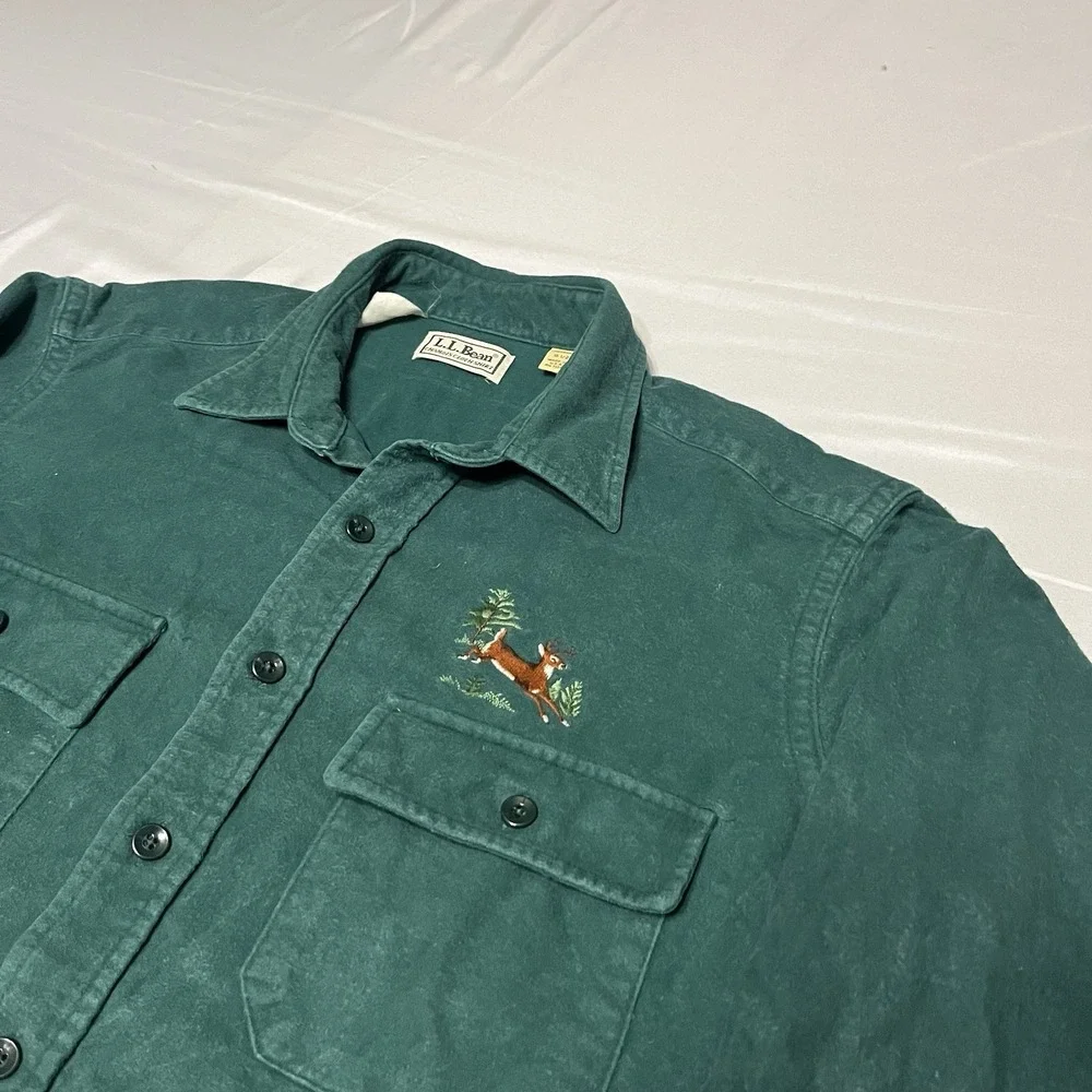 Vintage LL Bean Chamois Cloth Shirt Mens 16.5 Green Deer Cotton Made in USA